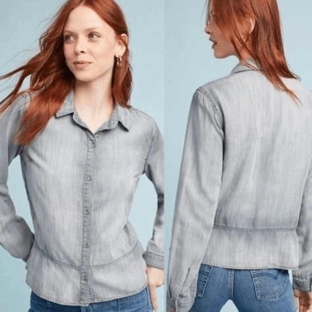 Cloth & Stone Button Down Shirt Womens XS Grey Tencel Peplum Seamed Waist C1716